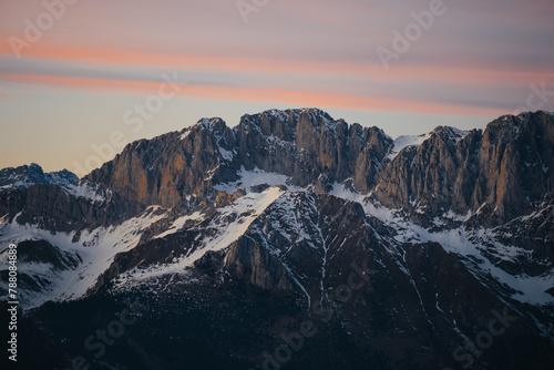 Beatiful winter sunset and scenic view at Monte Pora, in the Orobie Alps, Northern Italy 