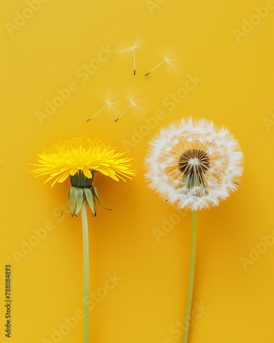 Yellow dandelion on the left and dandelion with seeds flying around on the right, against solid yellow background. Minimal spring concept. 