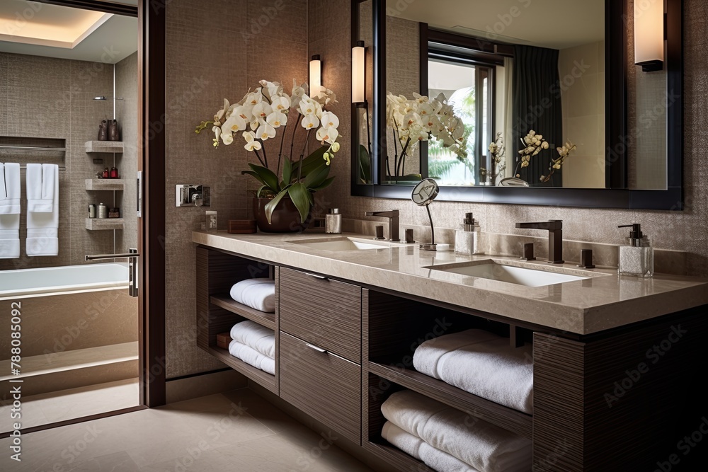 Double Sink Elegance: Luxurious Hotel-Style Bathroom Designs with Ample Storage and Organized Vanity Double Sink Elegance: Luxurious Hotel-Style Bathroom Designs with Ample Storage and Organized Vanity