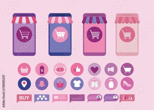Set of shopping cart icons.Online shopping App in smartphone and desktop with mobile device design concept ,Vector illustrations.