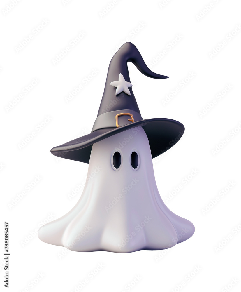 Cute pretty ghost in a witch hat, in a 3d cartoon style, cut out of the background