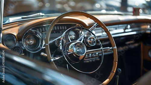Iconic Vintage Car Dashboard with Gleaming Chrome and Elegant Leather Textures for Retro Automotive Designs © R Studio