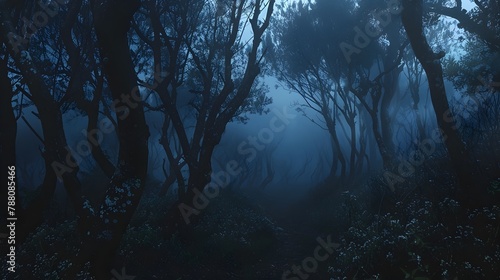 Mysterious Twilight in a Dense Fog Filled Forest Perfect for Eerie Horror and Atmospheric Thriller Scenes