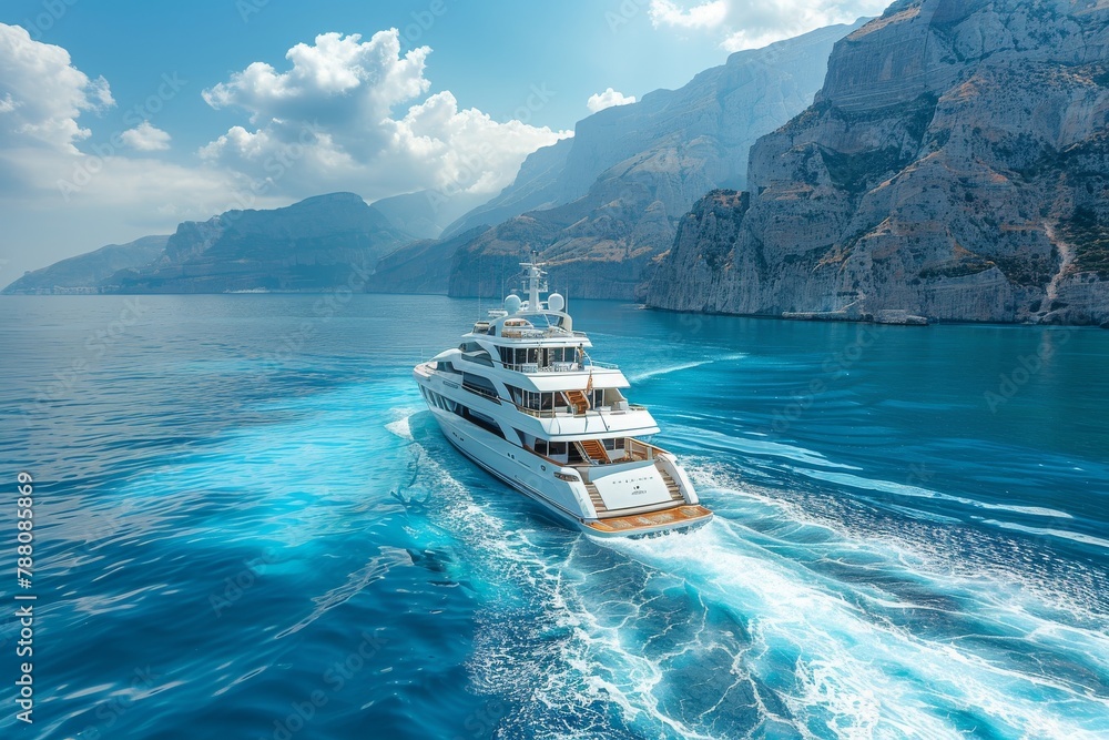 A majestic luxury yacht sails on the calm blue waters with stunning rocky mountains in the background, showcasing opulence and adventure