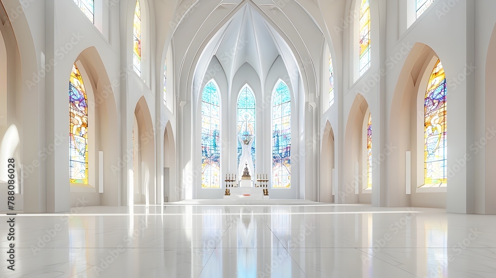 Majestic Interior of a White and Beige Church with Soaring Stained Glass Windows Capturing Spiritual Serenity and Divine Reverence