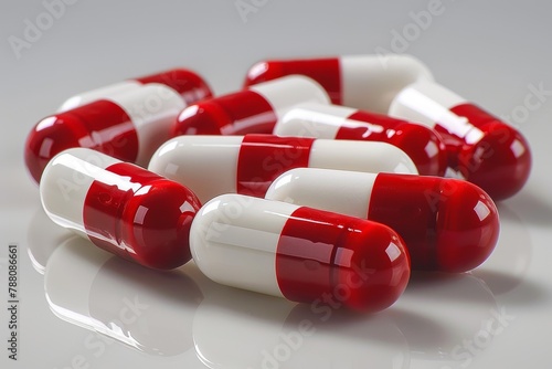 A line of red and white pharmaceutical capsules against a white background, signifying medical order and regimentation photo