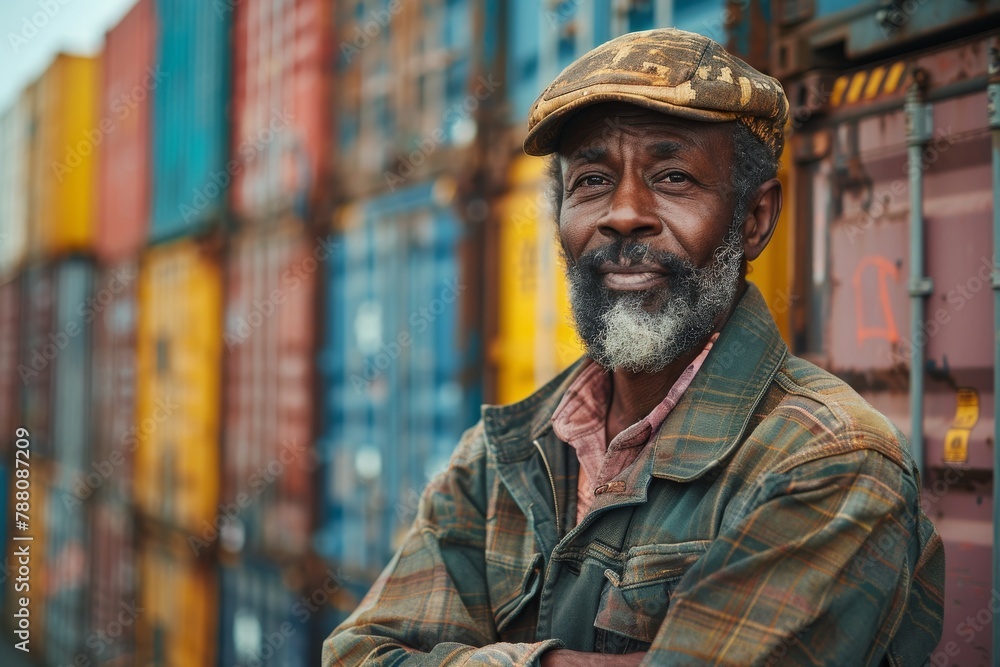 A cheerful and friendly worker with a rugged look poses with arms crossed in front of colorful containers