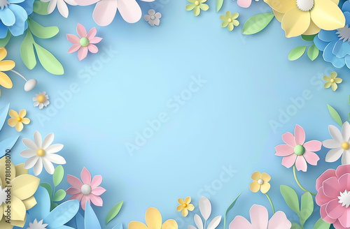 Flowers  pastel and 3d art for illustration with mockup in studio for colorful abstract design. Creative  pattern and blooming floral plants with leaves for border decoration by blue background.