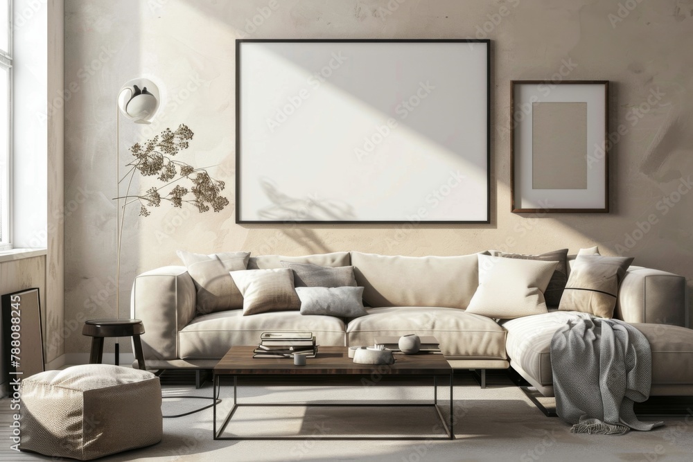 Fototapeta premium Beige Scandinavian Interior with Poster Mockup created with Generative AI
