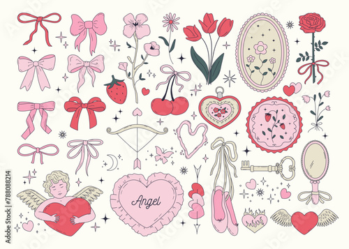 Set of cute coquette bows, ribbons, patches, flowers, cherry, hearts, angels. Elegant vintage cliparts in pastel pink color. Hand drawn line art girly decor. Vector illustrations