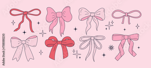 Vector set of cute coquette bows. Pastel pink and red ribbons line art drawings. Hand drawn silk tape accessory. Girly decor cliparts
