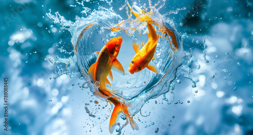Two goldfish swimming in a heart shaped pool of water photo