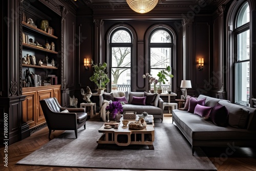 Luxurious Brownstone Living Room: Velvet Elegance & Ornate Details