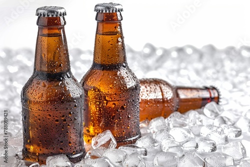 Refreshing assortment of cold beer bottles with condensation and ice on a white background.