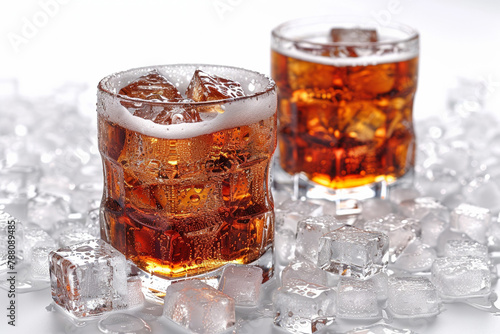 Chilled whiskey cocktail with ice served in a refreshing glass on a white background.