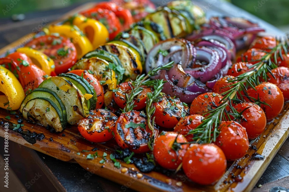 An appetizing barbecue dish with grilled vegetables served with a spicy sauce.