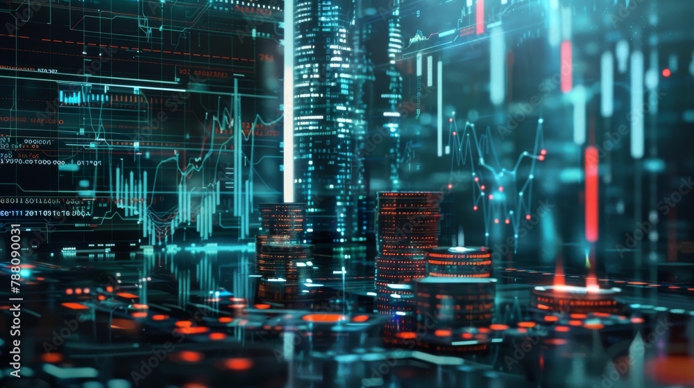 Fototapeta premium Futuristic cityscape with digital financial data overlays