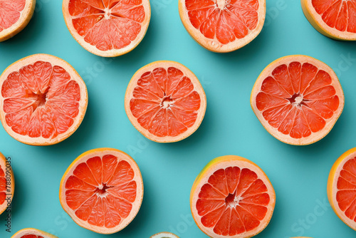 Fresh grapefruits on a vibrant blue background, top view flat lay concept with vibrant colors and healthy citrus fruits, minimalistic summer food image