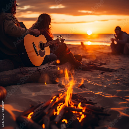 Sunset Strings: Guitarists by the Beachside Campfire