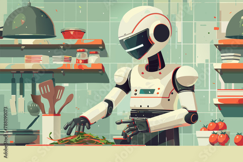 Robot cooking food at home, helper chef on kitchen future. Artificial intelligence technology robot cook, future lifestyle. Vector cartoon illustration