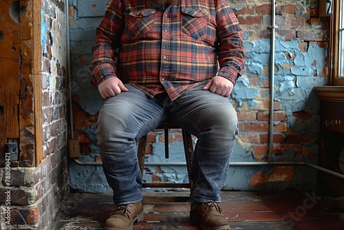 A seated man in a plaid shirt creates a contrast against the rustic, peeling paint of a brick wall background