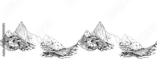 Hand drawn ink vector illustration, mountain landscape scenery Central South America, Machu Picchu terraces. Seamless banner isolated on white background. Design travel, vacation, brochure, print