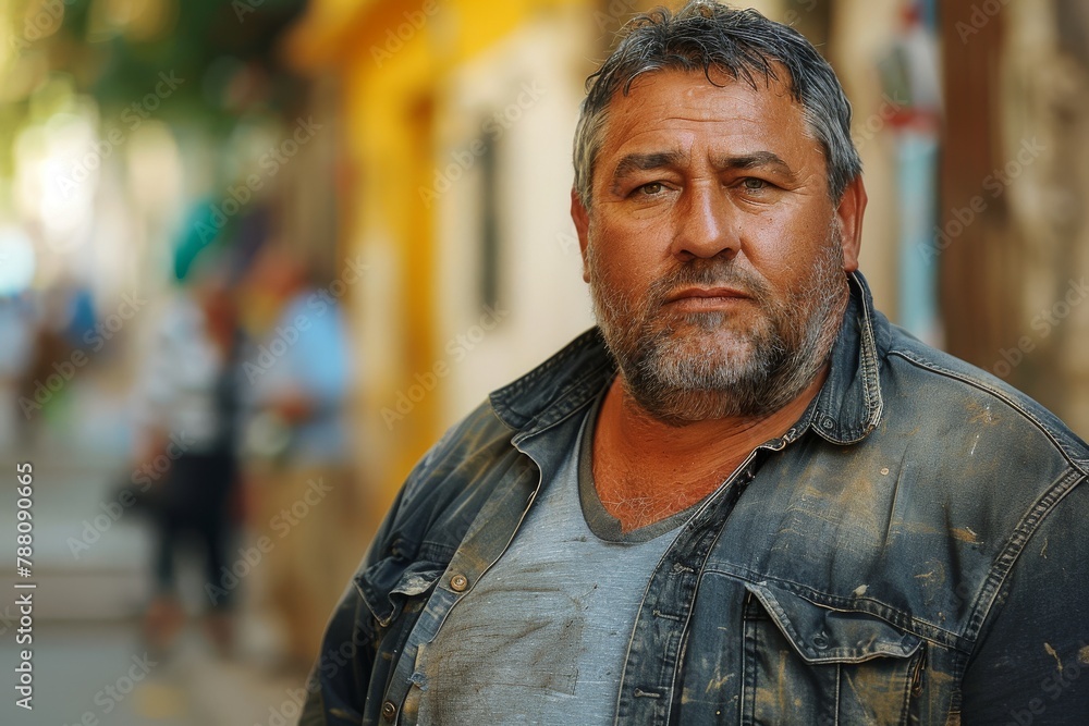 A serious-looking man wearing a denim jacket stands in a busy street scene, his expression conveying a sense of purpose