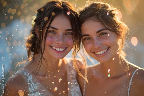 Joyful moment captured with two smiling young women surrounded by beautiful bokeh effects