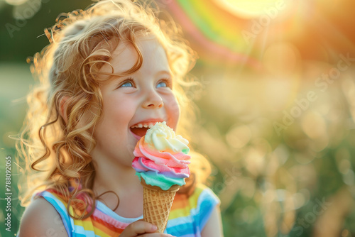Child joyfully eating a rainbow scoop ice cream cone