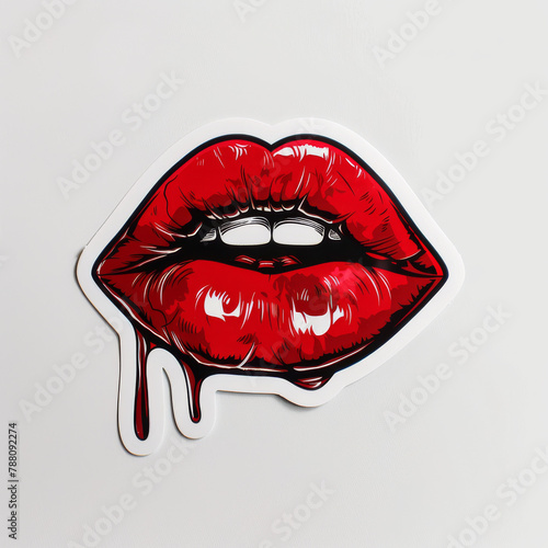 Red, lips and emoji or sticker in white background with lipstick for kiss, love and mouth. Isolated, glamour and emoticon for social media, cosmetics and art for emotions with cartoon illustration