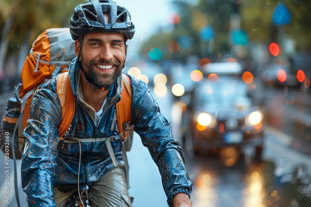 Cheerful male cyclist with rain-speckled jacket enjoys city commute Cheerful male cyclist with rain-speckled jacket enjoys city commute