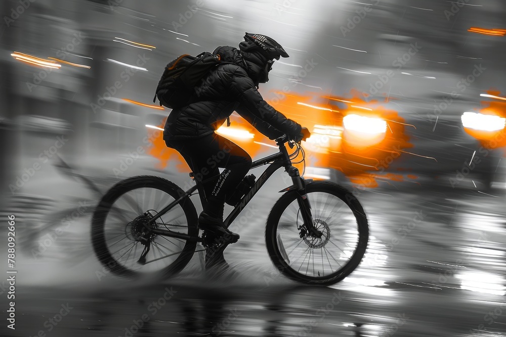 Fototapeta premium A cyclist rides through the city streets at night amidst a rainstorm, illuminated by vibrant city lights and reflections