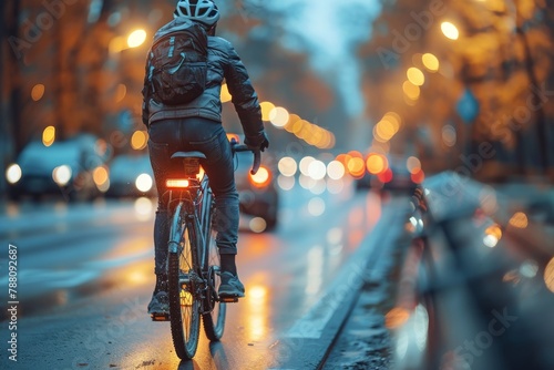 An urban cyclist rides along a wet city street with blurred car lights and twilight ambiance, depicting everyday commuting © Larisa AI