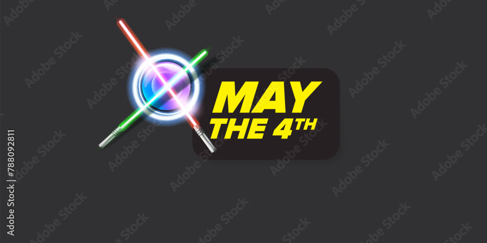 Fototapeta premium May the 4th vector illustration with glowing light saber. May the 4 banner design template with laser sword