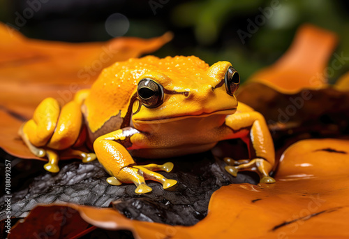 Vibrant orange frog on leaf, a stunning close-up capturing its glossy texture and piercing eyes. photo