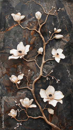 Panel Wall Art, Emperador Dark Marble with Magnolia Blossom Designs