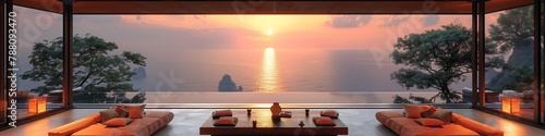 Header with serene zen porch sunset panorama: panoramic view of a tranquil zen porch overlooking a stunning ocean sunset. Wide banner for relaxation and meditation room in a spa