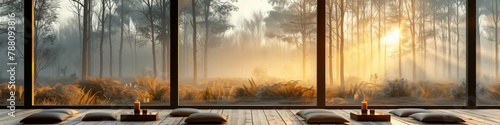 Header with a zen porch panorama with oriental sunset ambiance: panoramic view of a serene zen porch overlooking a misty forest at sunset. Wide banner