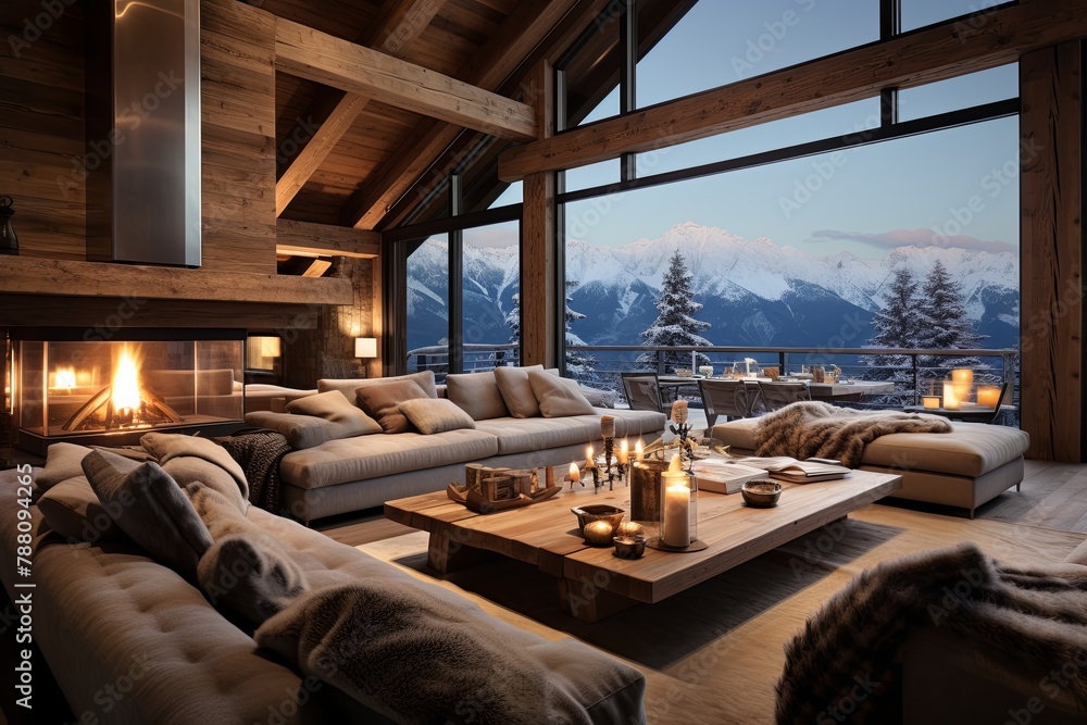 Exquisite Modern Alpine Cabin Living Room Designs: Exposed Beams, Plush Seating, Mountain Decor Bliss