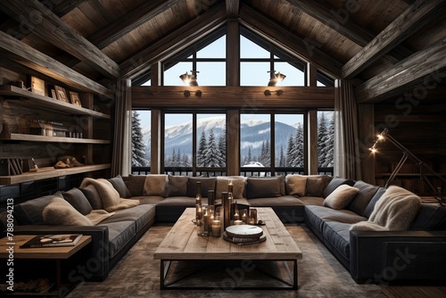 Rustic Elegance: Modern Alpine Cabin Living Room Designs with Exposed Beams and Plush Mountain Decor © Michael
