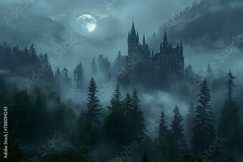 Haunting Castle Shrouded in Misty Forest with Luminous Full Moon in Night Photography Style