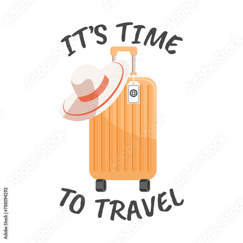 Time to travel calligraphy with travel suitcase and summer hat. Vacation and travel concept. Illustration. Vector