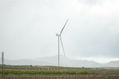 Wind turbine against an overcast sky
