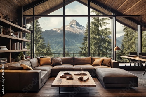 Modern Alpine Cabin Living Room: Panoramic Mountain Views & Cozy Modern Design © Michael