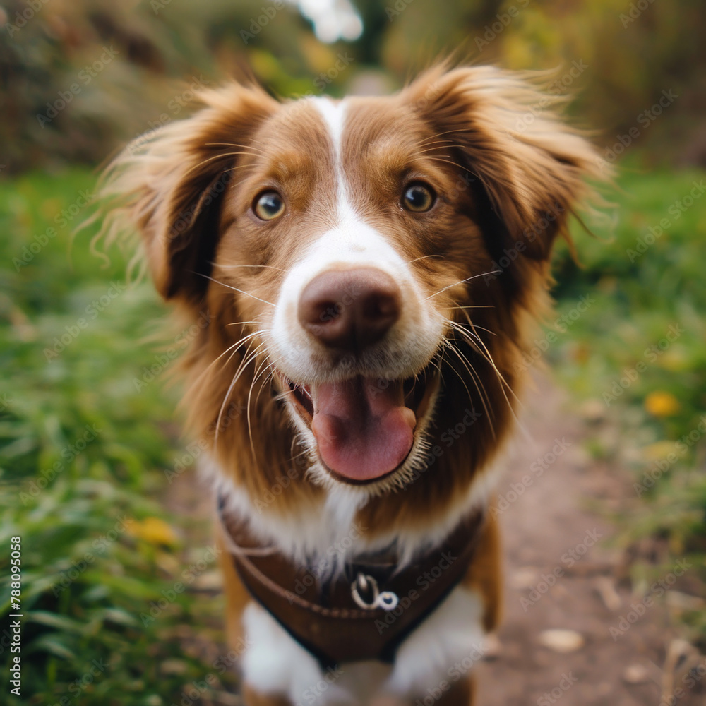Portrait, dog and forest for adoption or walk in the woods for hunting or exercise and explore nature. Face, pet and park or garden to play and run as hobby or health routine for safety in California