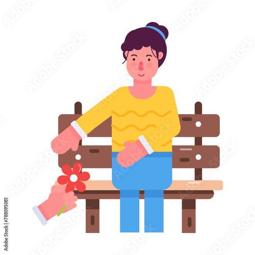 A flat icon of girl receiving flower 