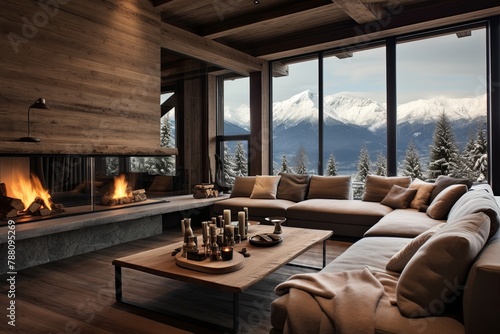 Alpine Serenity: Modern Cabin Living Room Design with Rustic Touches and Mountain Views © Michael