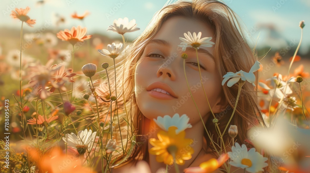 Girl enjoying flowers in a sea of flowers. Generative AI. Girl enjoying flowers in a sea of flowers. Generative AI.