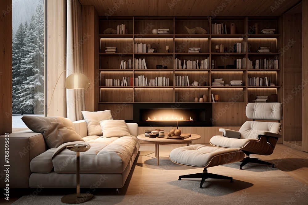 Wood Paneling Elegance: Modern Alpine Cabin Living Room Designs