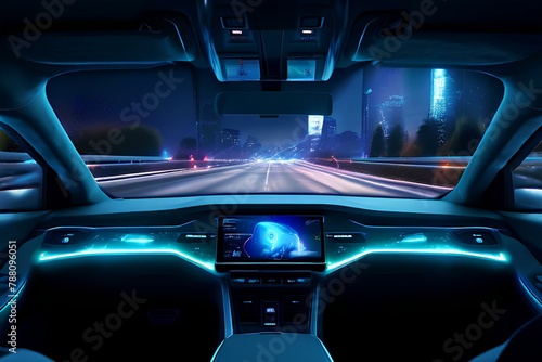 autonomous futuristic car dashboard view at night with hologram screens wide banner. © R-CHUN